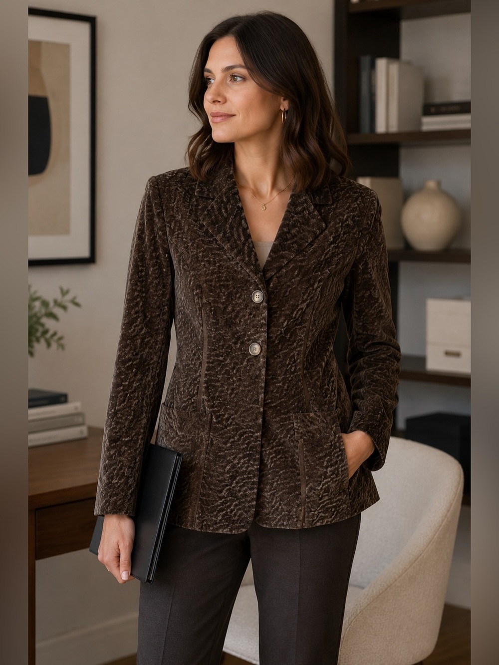 Charcoal Elegant Brown Textured Women's Blazer Size M Tailored Work Office